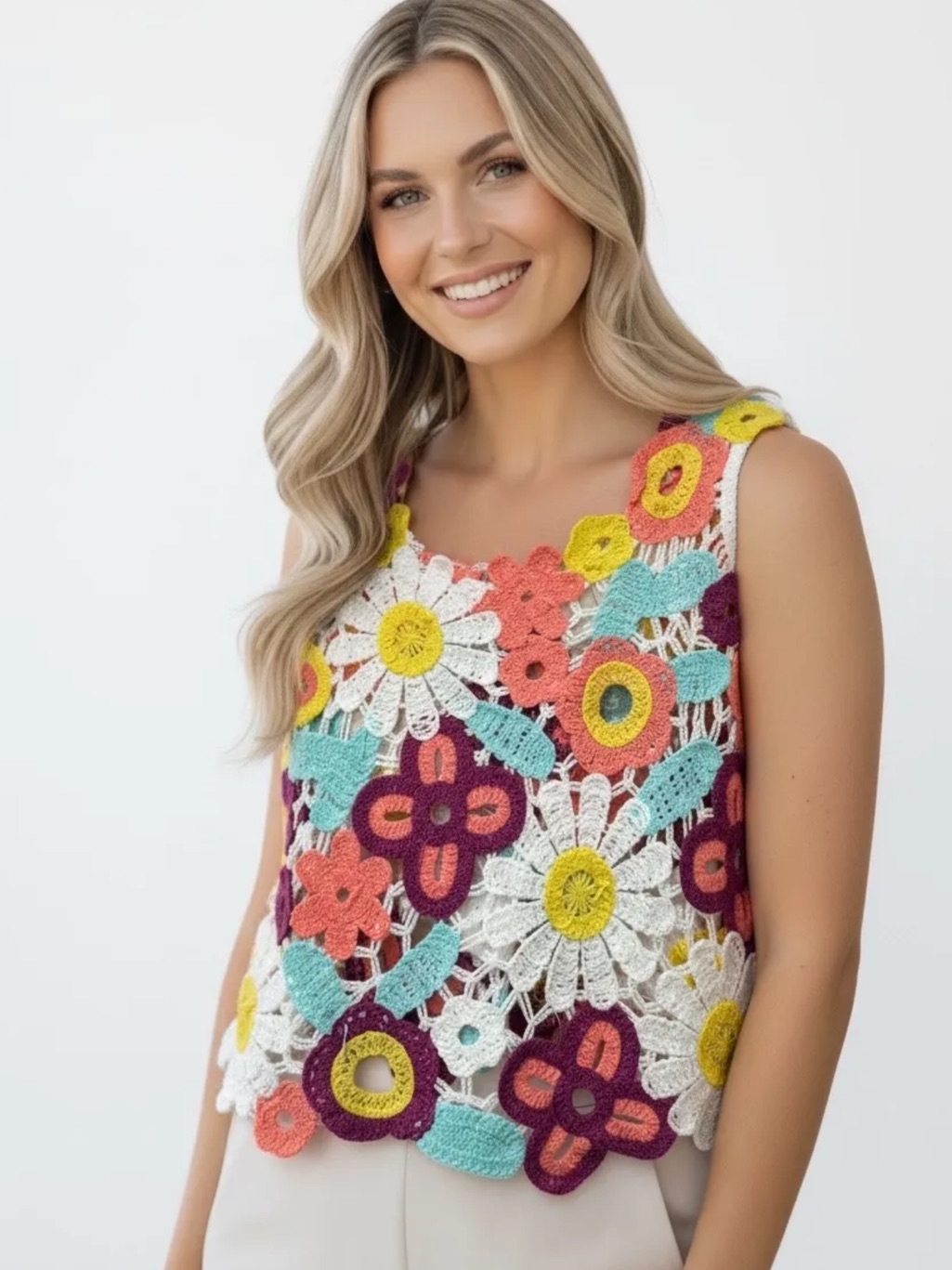 Made In Italy Crochet Floral Tank Top - Multicolor
